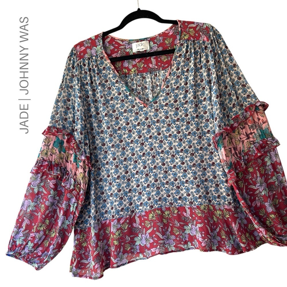 JADE by JOHNNY WAS | NWOT RASHIDA MIXED PRINT PEASANT TOP LONG SLEEVE | LARGE